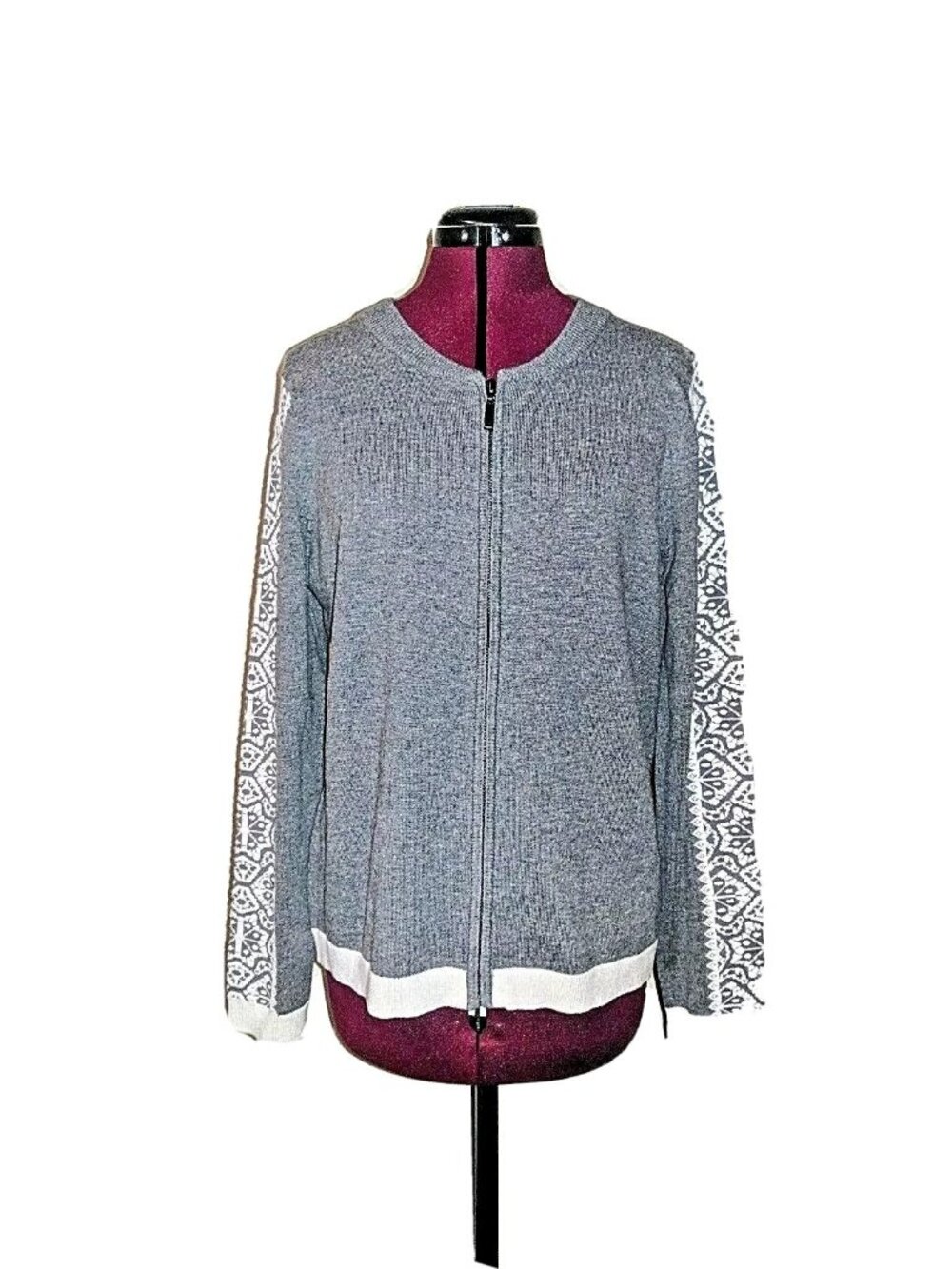 Fever Women’s Sweater Cardigan Medium Gray White Full Zip Knit Jacket